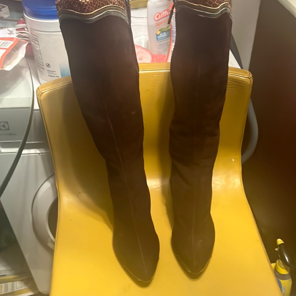 Brown Suede multi colored leather striped .